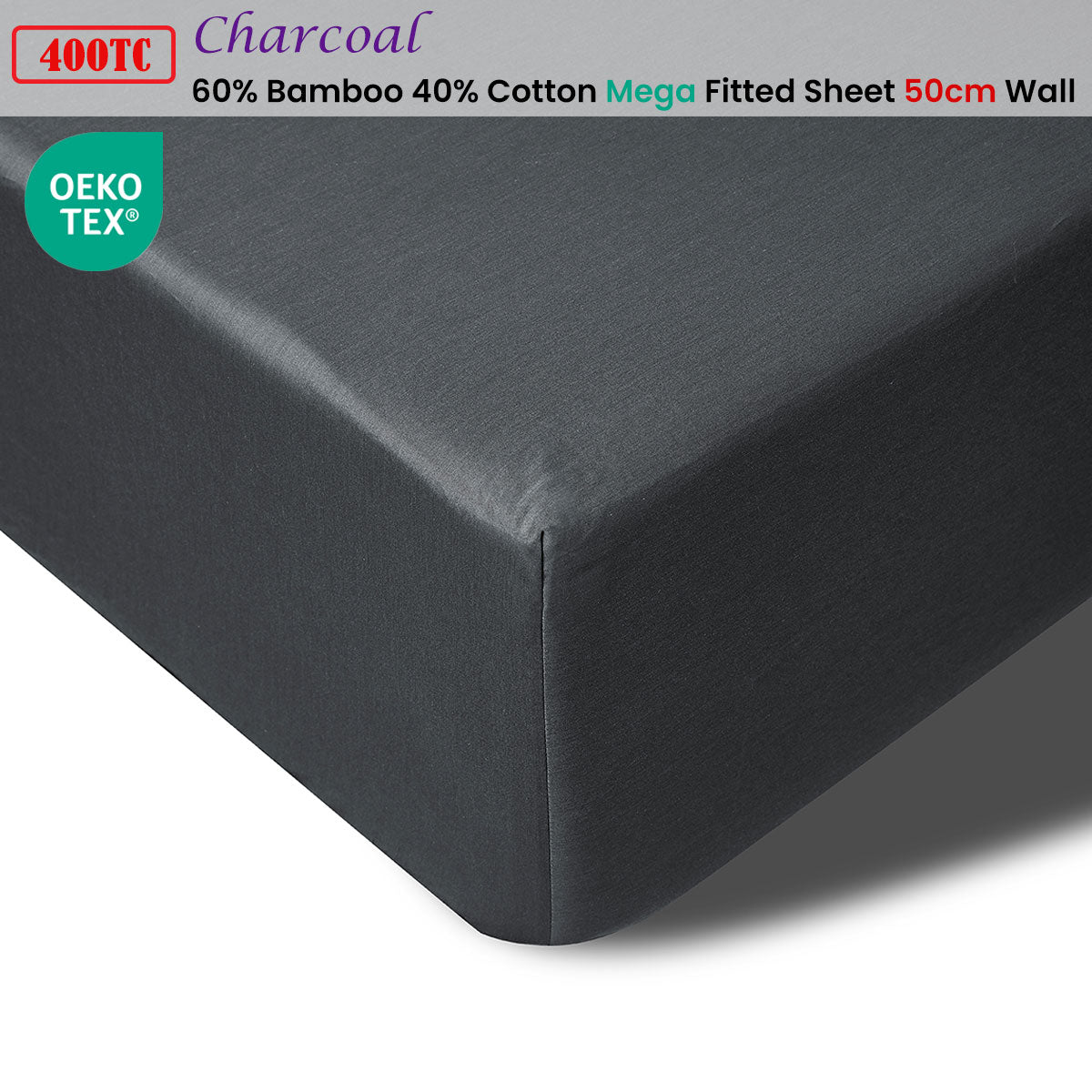Accessorize 400TC Bamboo Cotton Mega Fitted Sheet 50cm Wall - Charcoal King