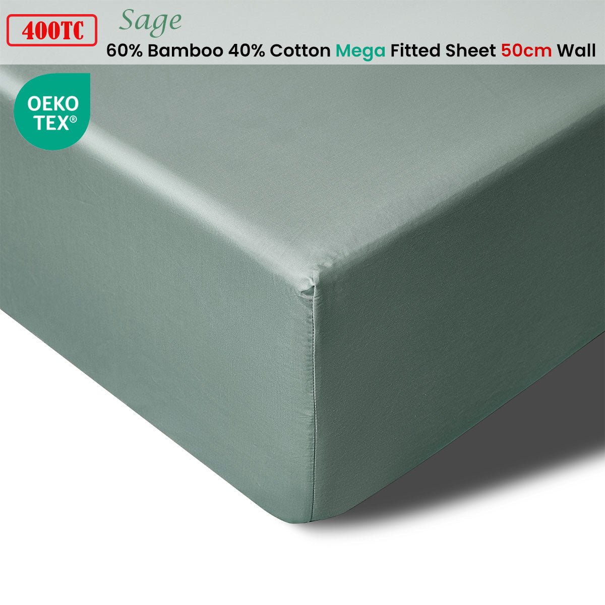 Accessorize 400TC Sage Bamboo Cotton Fitted Sheet 50cm Wall Queen - SuperSaverAU - view 2