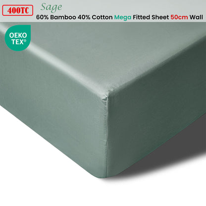 Accessorize 400TC Sage Bamboo Cotton Fitted Sheet 50cm Wall Queen