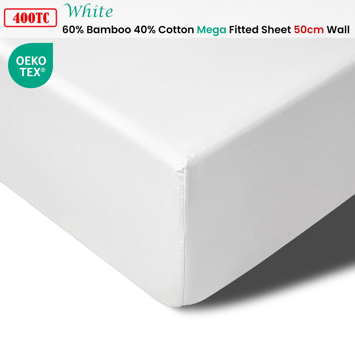 Accessorize 400TC Bamboo Cotton Mega Fitted Sheet 50cm Wall - White King