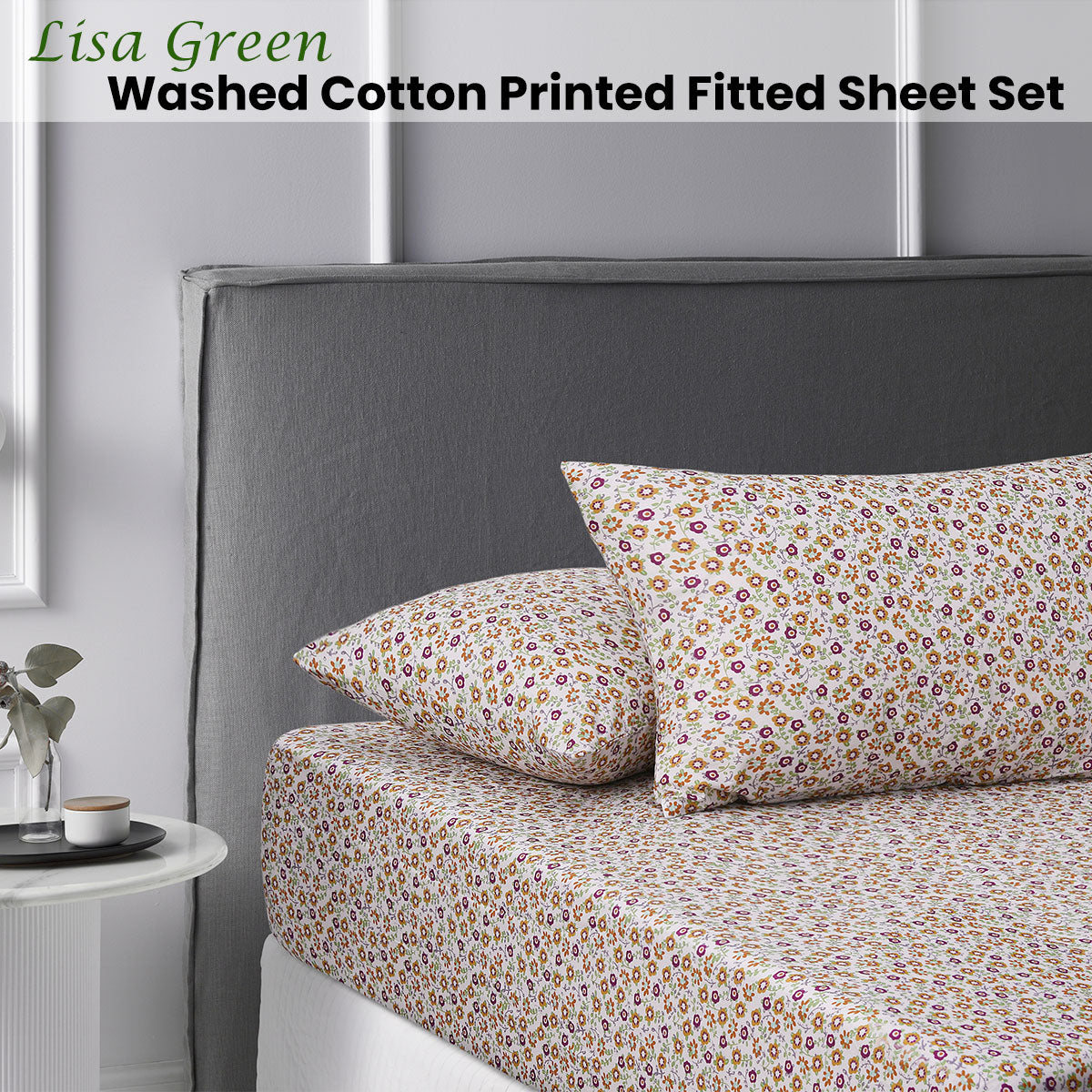 Accessorize Lisa Green Washed Cotton Printed Fitted Sheet Set - Double - SuperSaverAU - view 2