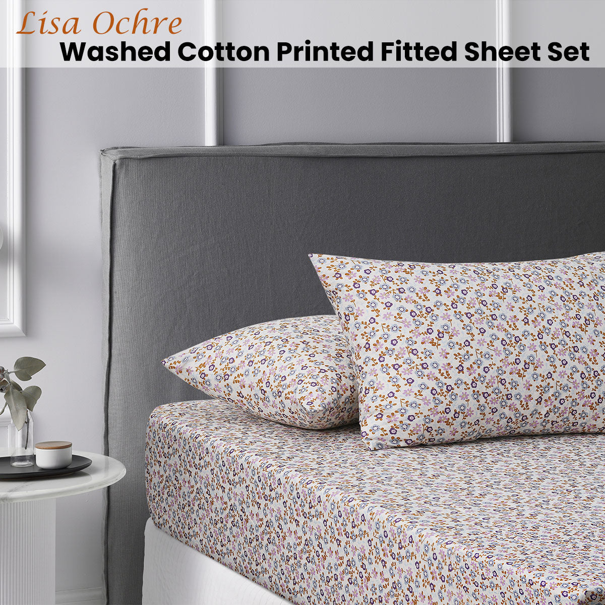 Accessorize Lisa Ochre Washed Cotton Printed Fitted Sheet Set King - Floral Design - SuperSaverAU - view 2