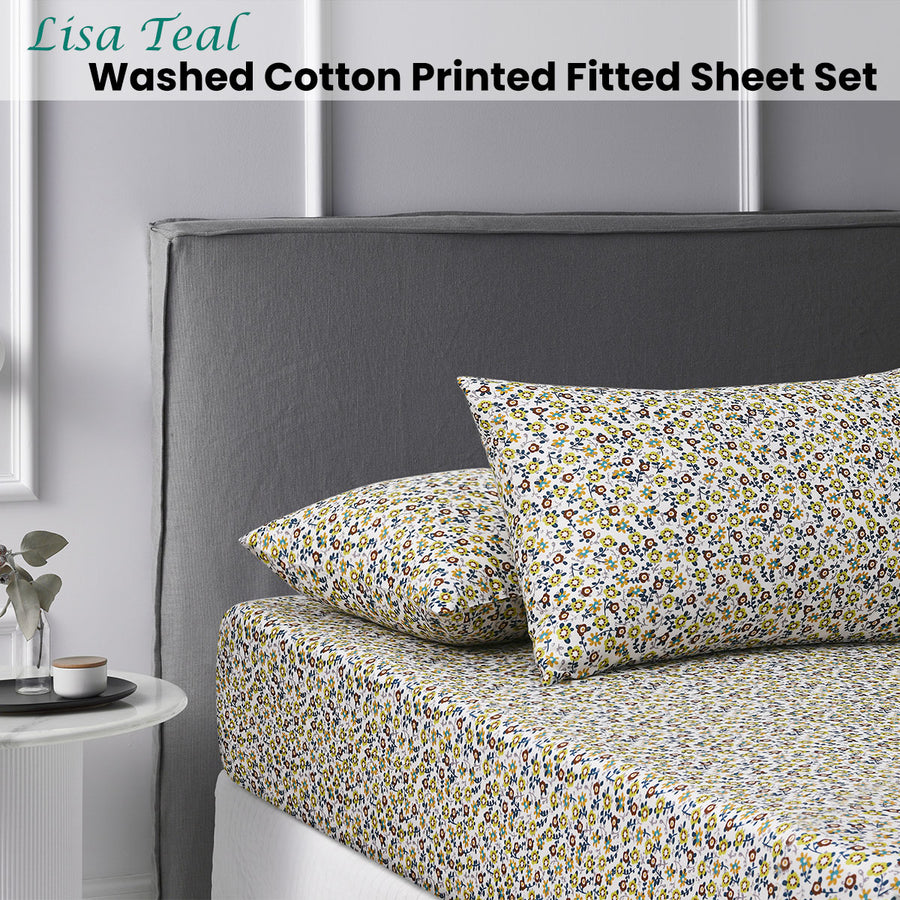 Accessorize Lisa Teal Washed Cotton Floral Fitted Sheet Set - Single - SuperSaverAU - view 1