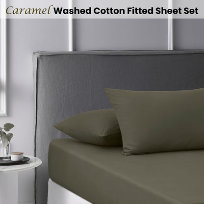 Accessorize Caramel Washed Cotton Fitted Sheet Set - Single, 180 Thread Count, Solid Colour