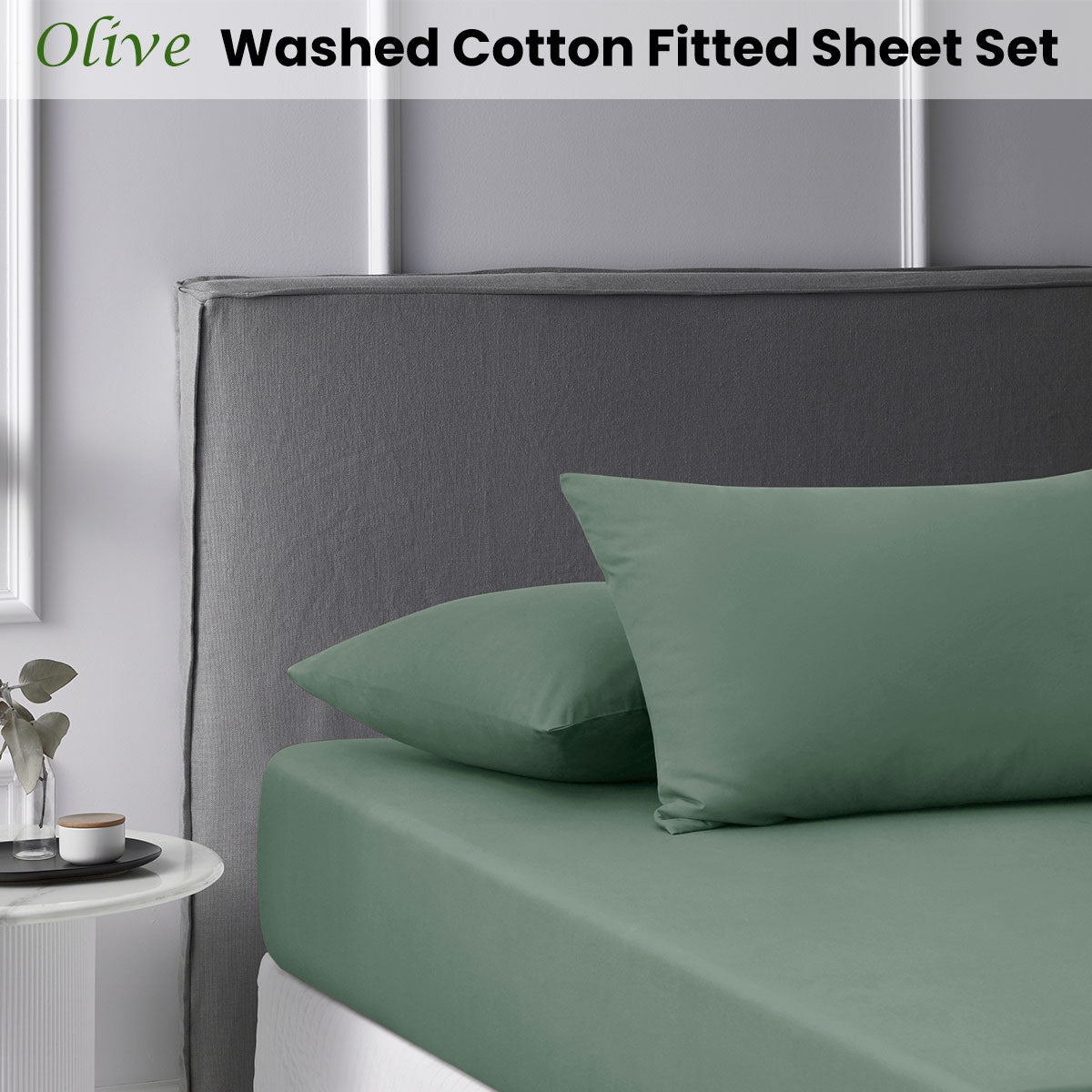 Accessorize Olive Washed Cotton Fitted Sheet Set King - Solid Colour Design, 180 Thread Count - SuperSaverAU - view 1
