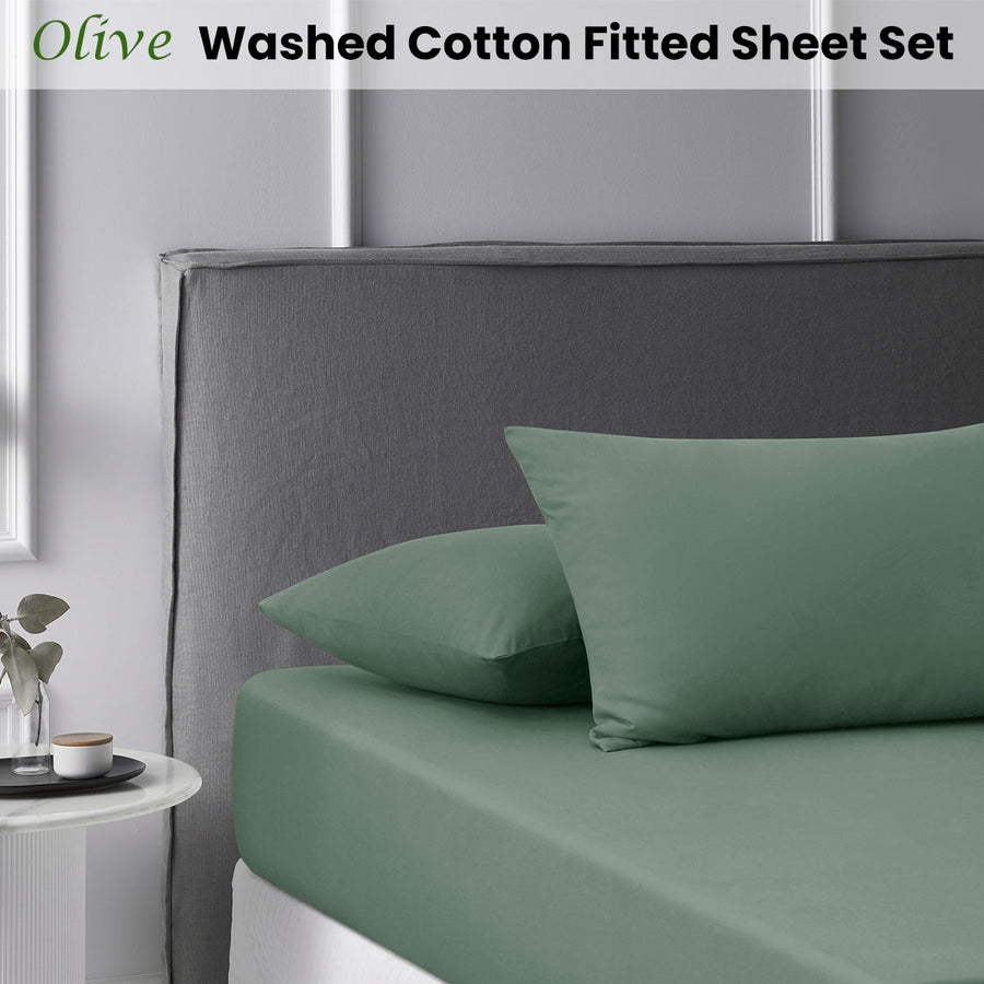 Accessorize Olive Washed Cotton Fitted Sheet Set King - Solid Colour Design, 180 Thread Count - SuperSaverAU - view 1