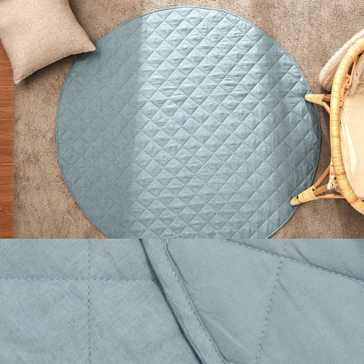 Little Gem Round Linen Cotton Baby Play Mat 130cm Diameter - Quilted, Machine Washable - SuperSaverAU - view 1