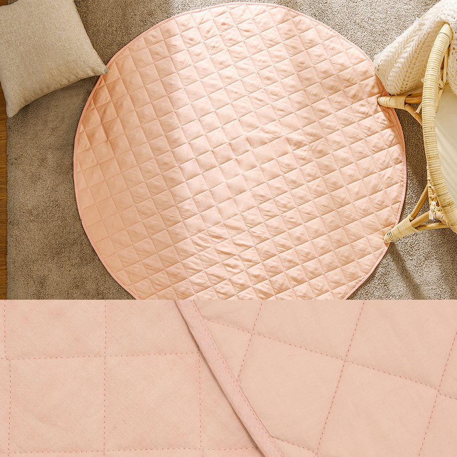 Little Gem Round Linen Cotton Baby Play Mat Peach 130cm Diameter, Quilted, Machine Washable - SuperSaverAU - view 1