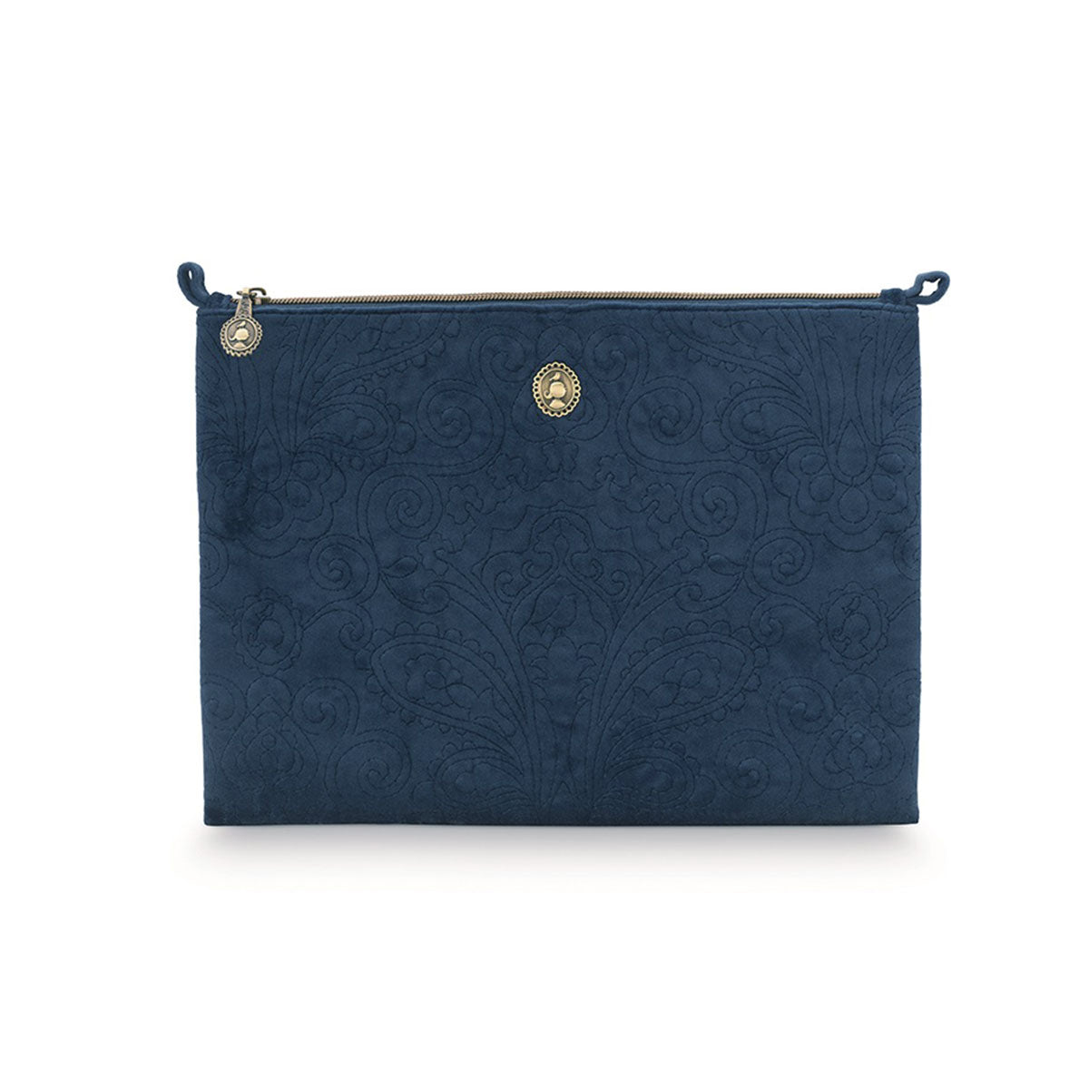 PIP Studio Velvet Quilted Dark Blue Large Cosmetic Flat Pouch with Floral Stitching - SuperSaverAU - view 1