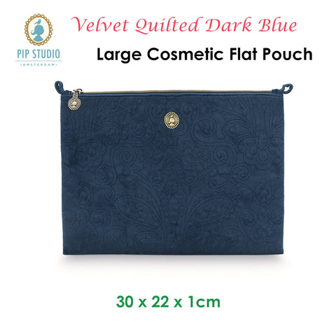 PIP Studio Velvet Quilted Dark Blue Large Cosmetic Flat Pouch with Floral Stitching - SuperSaverAU - view 2