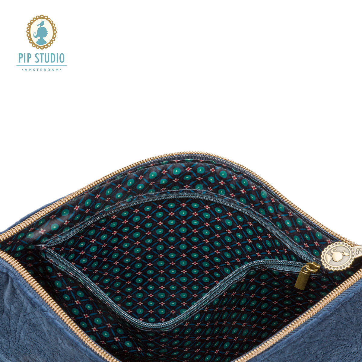 PIP Studio Velvet Quilted Dark Blue Large Cosmetic Flat Pouch with Floral Stitching - SuperSaverAU - view 4