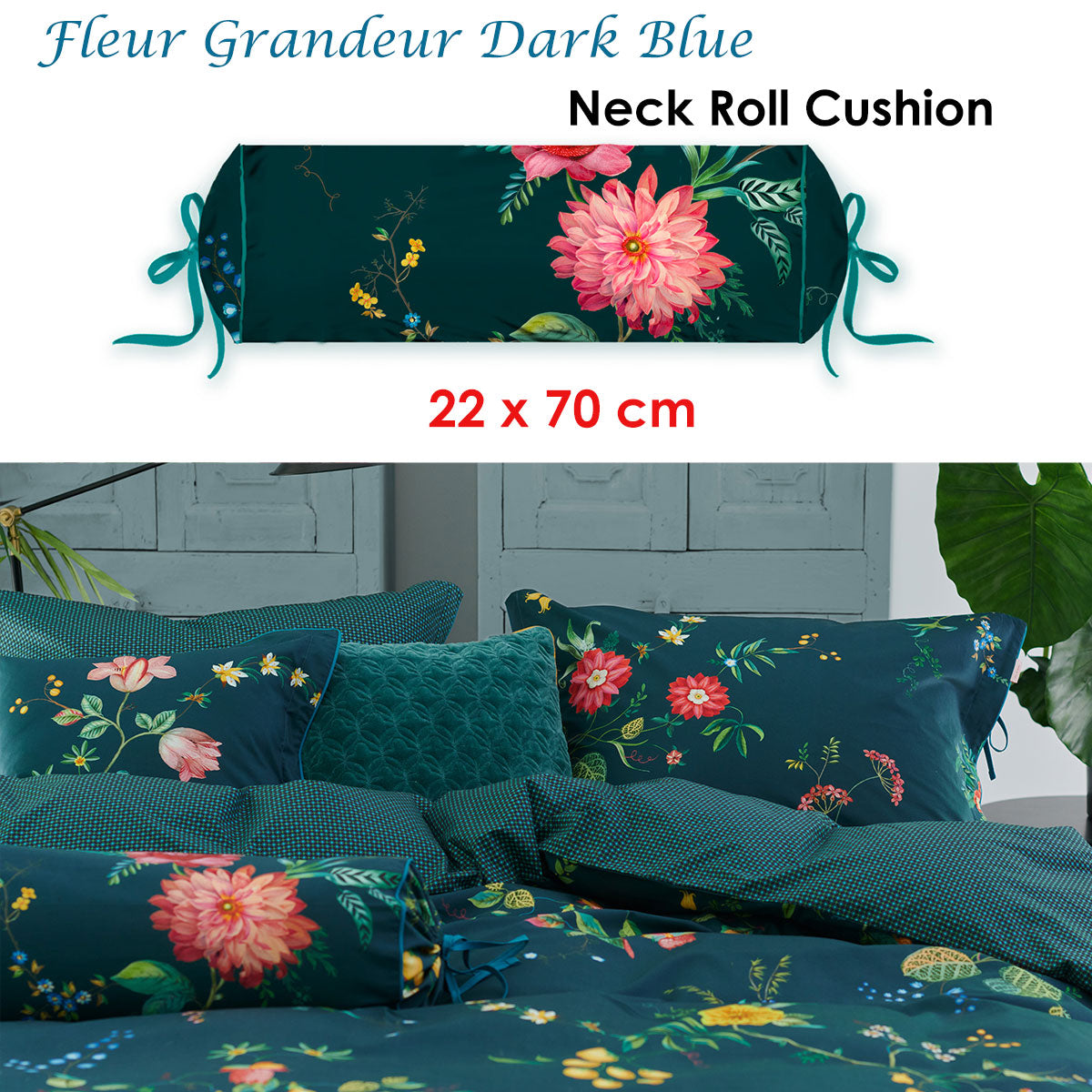 PIP Studio Floral Print Dark Blue Neck Roll Cushion 22x70 cm - SuperSaverAU - view 2