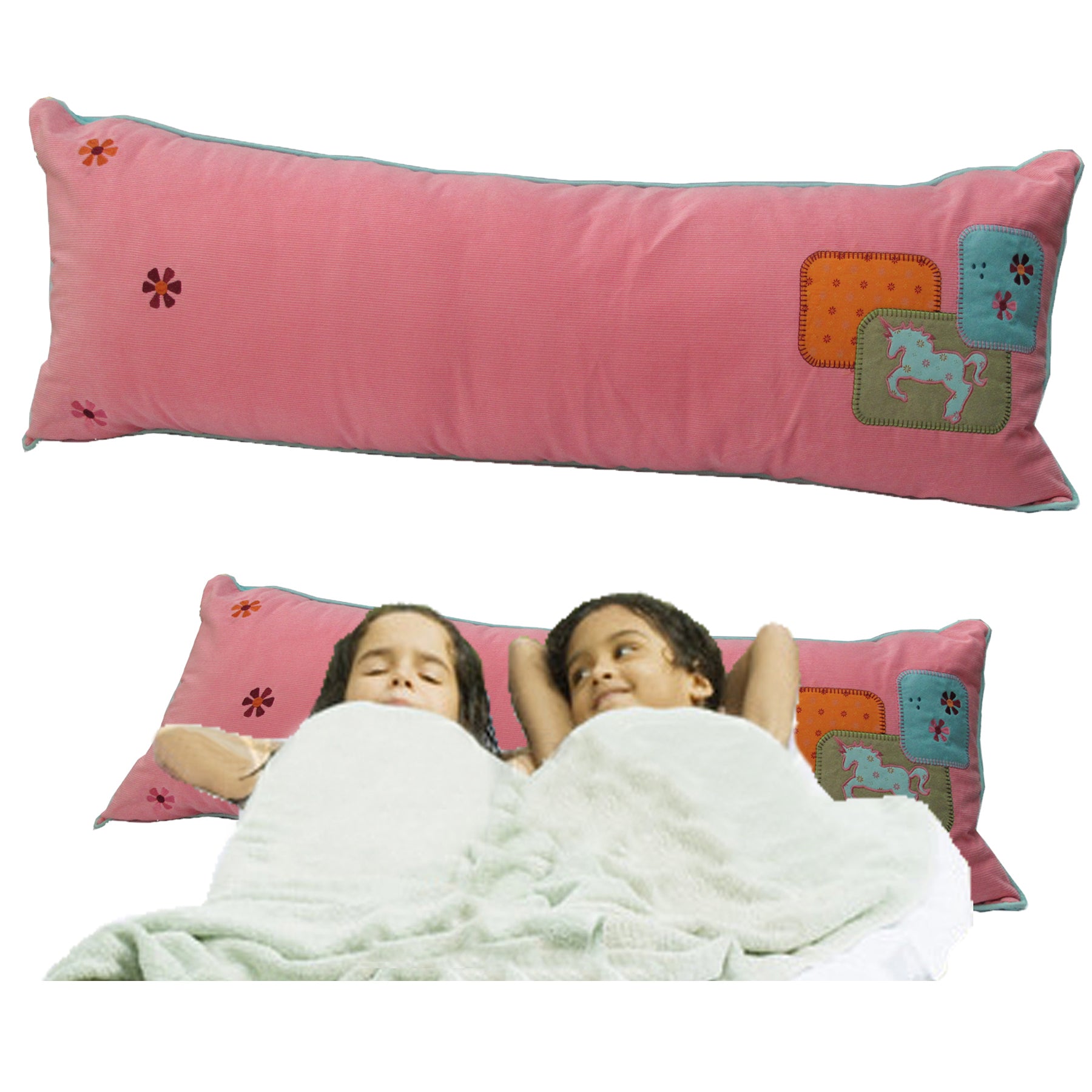 Happy Kids Double Pillow - 40cm x 110cm, Embroidered, Fun for Sleepovers - SuperSaverAU - view 1