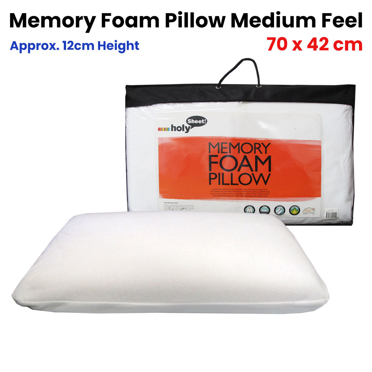 Memory Foam Pillow Medium Feel - 70 x 42 cm, Visco-elastic Foam, Removable Cover