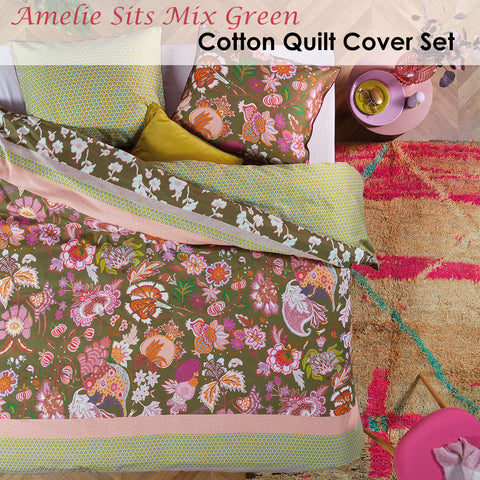 Oilily Amelie Sits Mix Green Cotton Sateen Quilt Cover Set King - Floral Design, 200 TC - SuperSaverAU - view 1