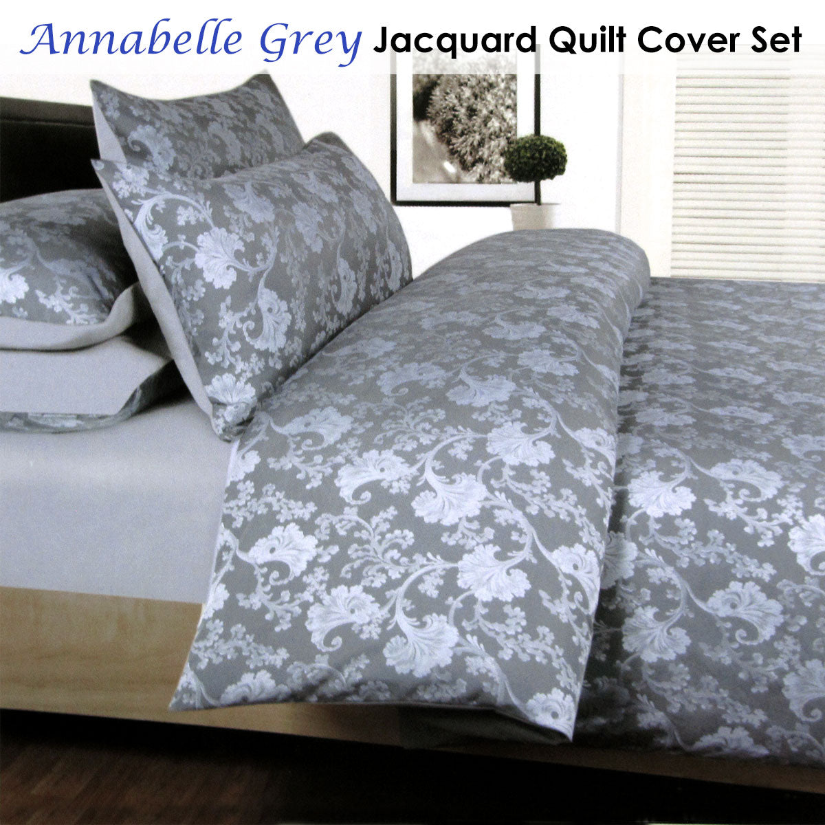 Accessorize Annabelle Grey Jacquard Quilt Cover Set Double - Floral Design, Polyester - SuperSaverAU - view 2