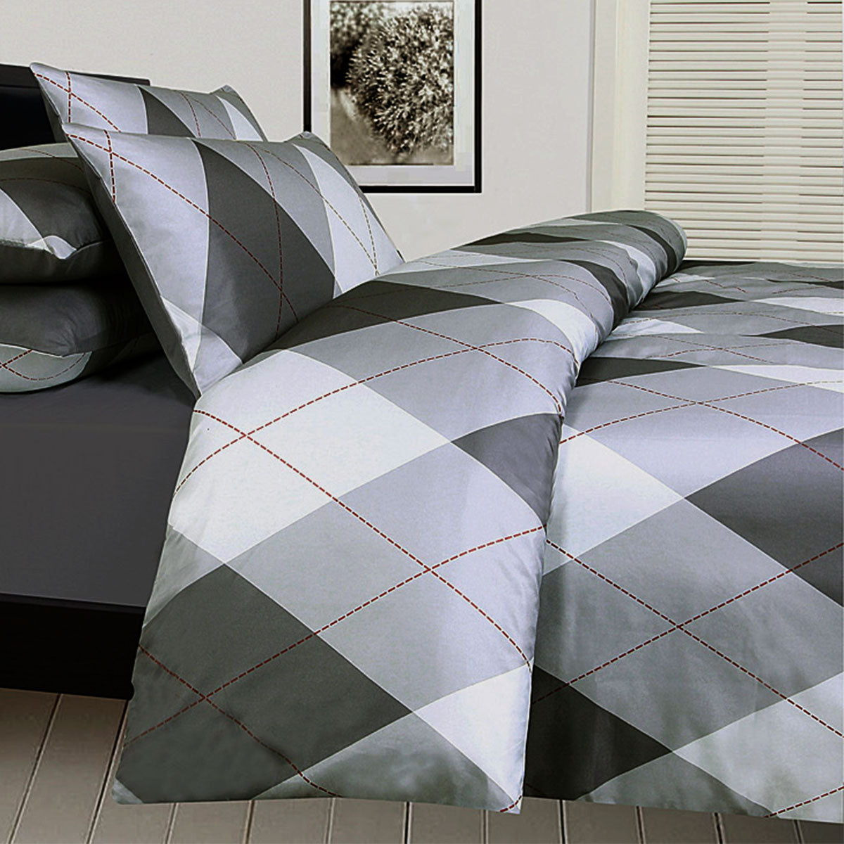 Big Sleep Argyles Black Quilt Cover Set Single - Microfiber, 140 x 210cm - SuperSaverAU - view 1