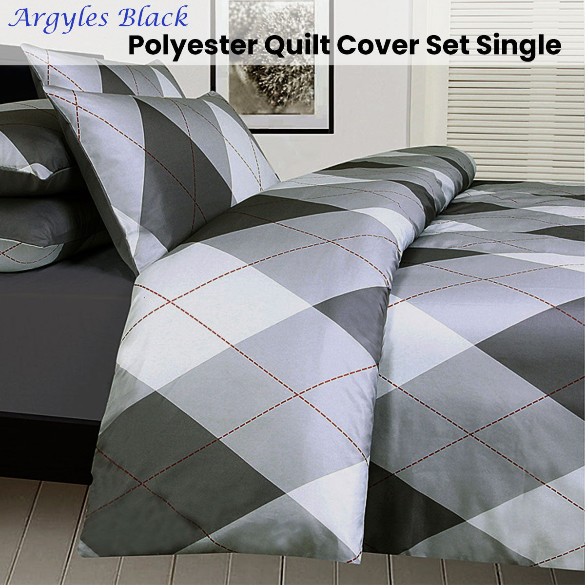 Big Sleep Argyles Black Quilt Cover Set Single - Microfiber, 140 x 210cm - SuperSaverAU - view 2