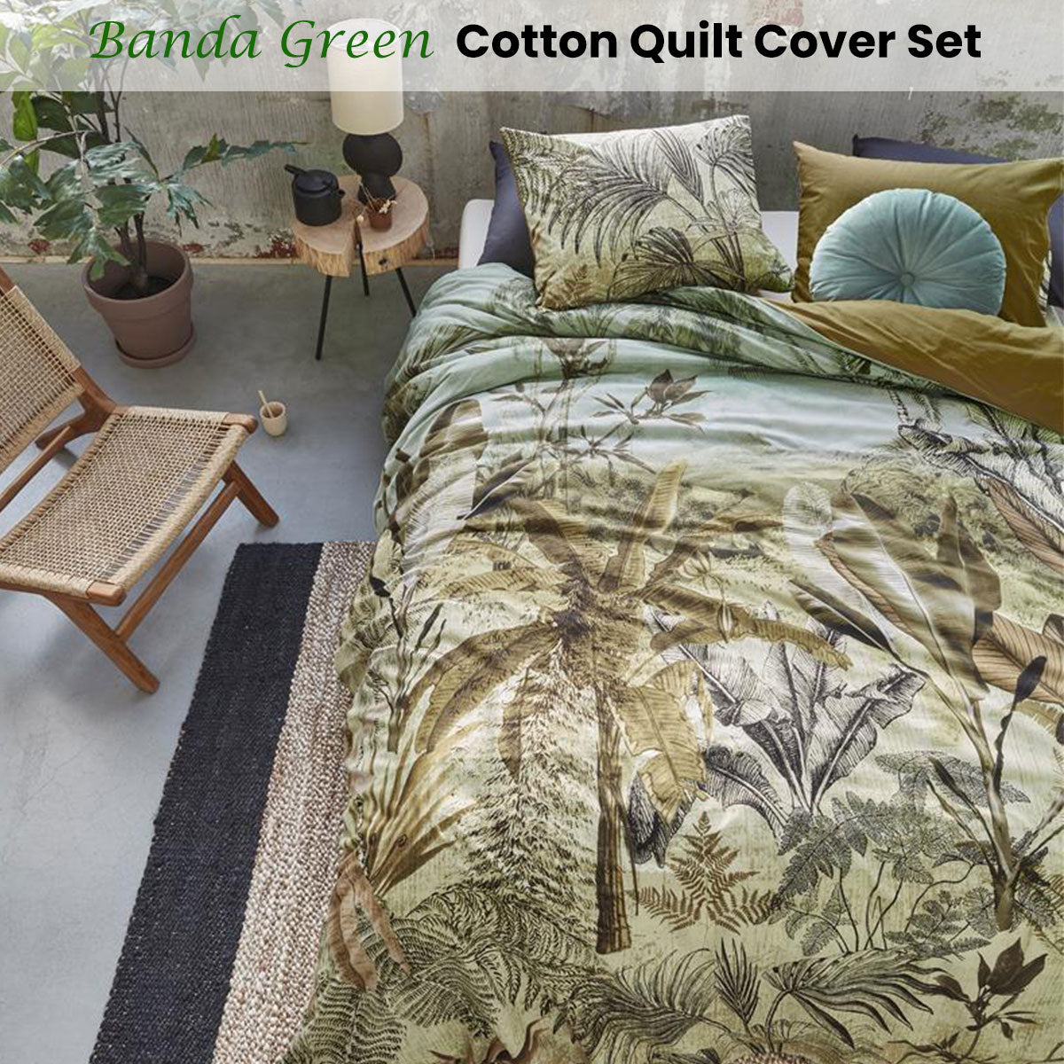 Bedding House Banda Green Cotton Quilt Cover Set Queen - Banana/Palm Trees Print - SuperSaverAU - view 2