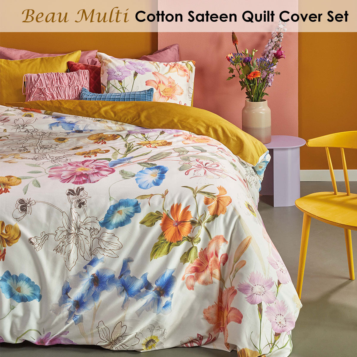 Bedding House Beau Multi Floral Cotton Sateen Quilt Cover Set Queen - SuperSaverAU - view 2