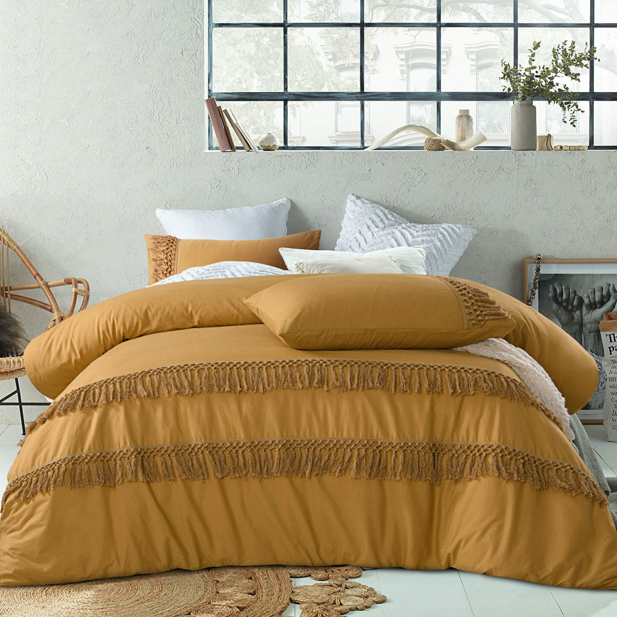Vintage Design Homeware Boho Ochre Cotton Tassel Quilt Cover Set King 245x210 cm - SuperSaverAU - view 1