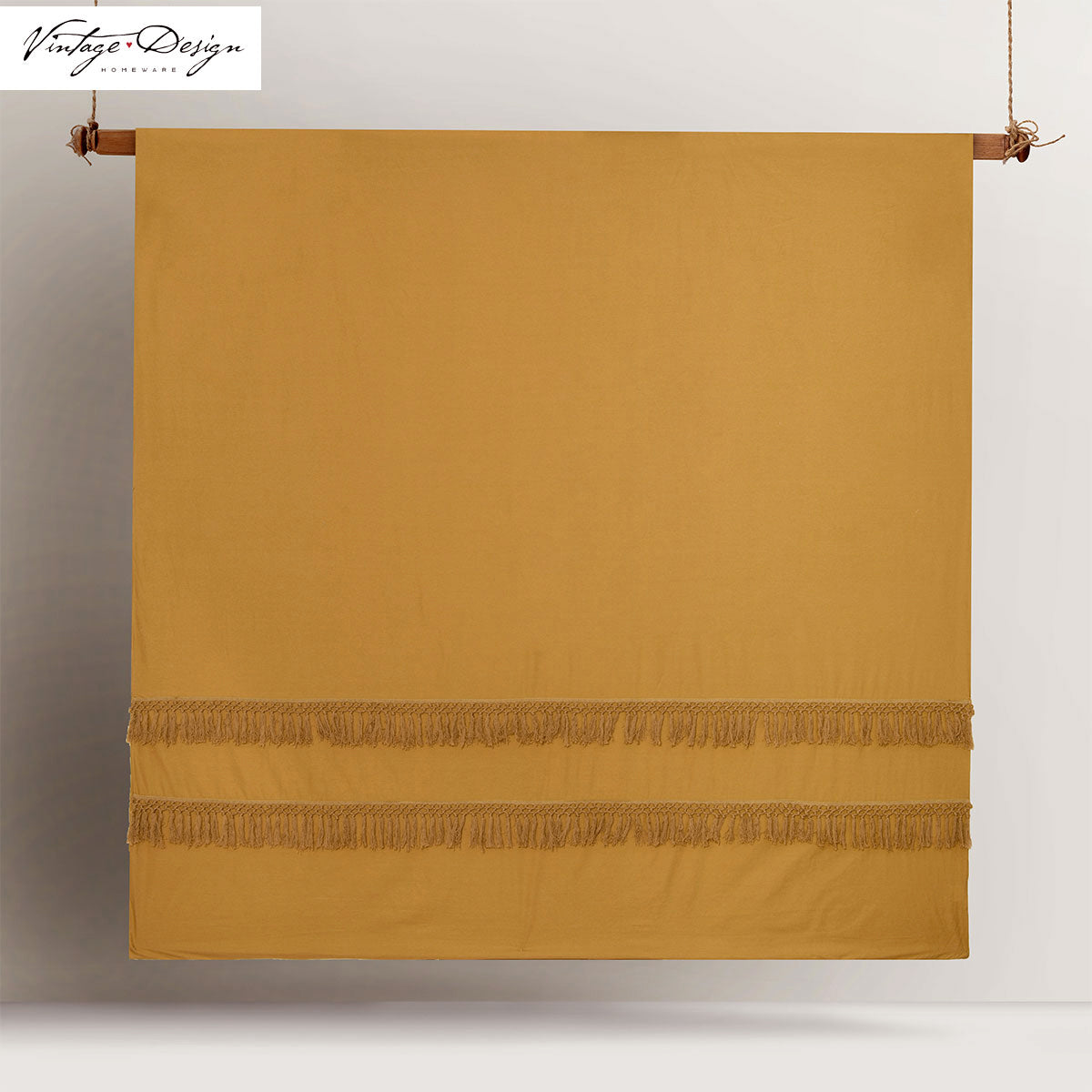 Vintage Design Homeware Boho Ochre Cotton Tassel Quilt Cover Set Queen 210x210 cm - SuperSaverAU - view 2