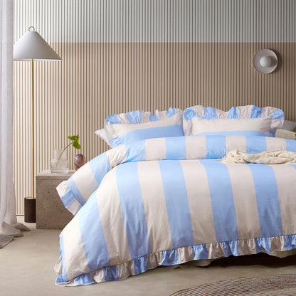 Vintage Design Candy Ruffle Blue Striped Quilt Cover Set - King