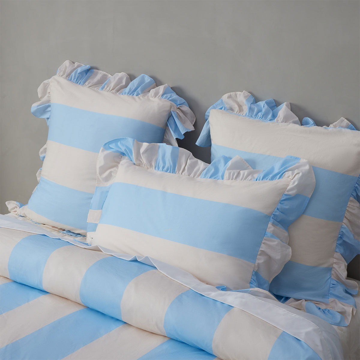 Vintage Design Candy Ruffle Blue Striped Quilt Cover Set - King