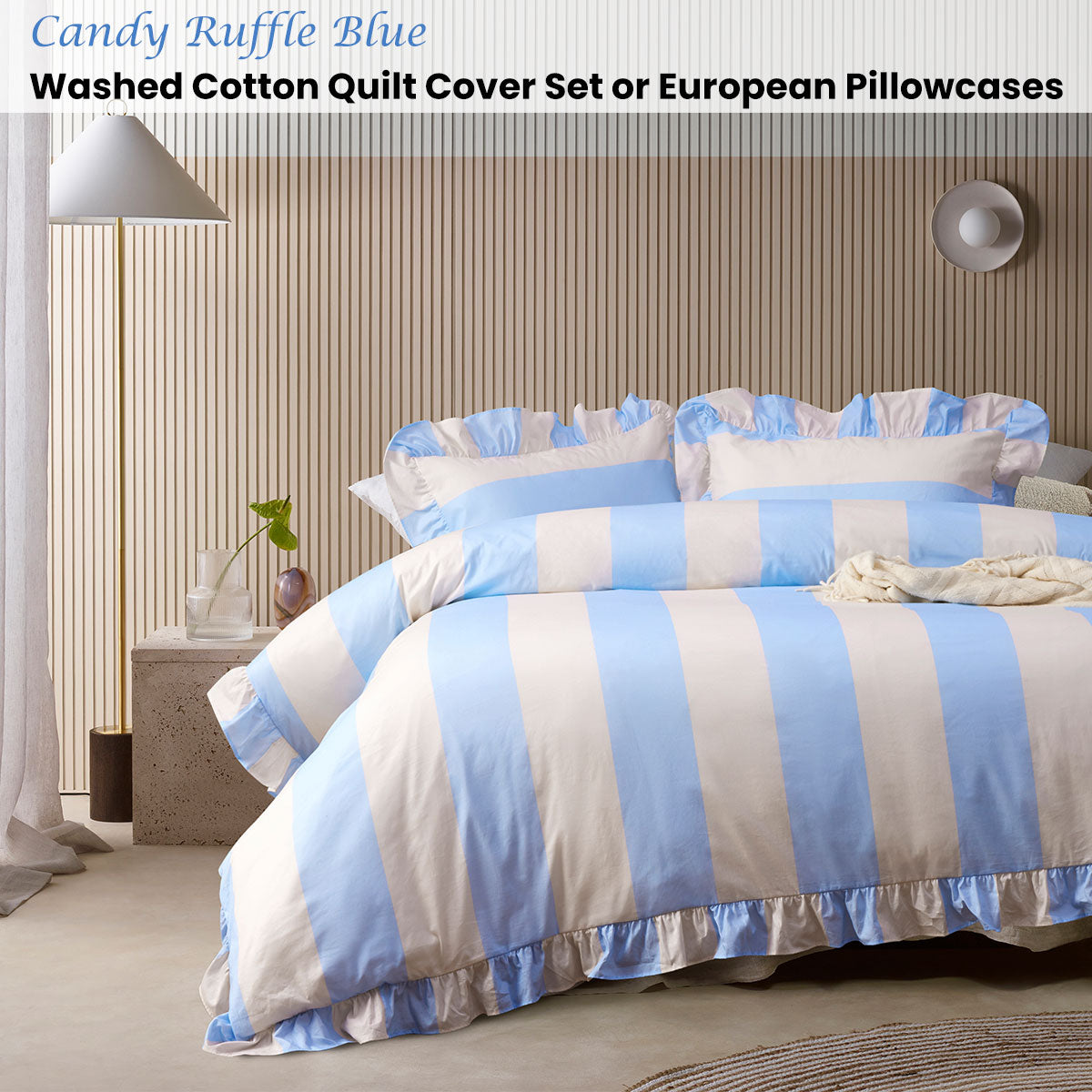 Vintage Design Candy Ruffle Blue Striped Quilt Cover Set - Super King