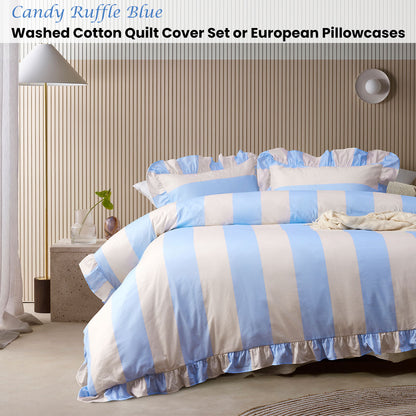 Vintage Design Candy Ruffle Blue Striped Quilt Cover Set - Super King