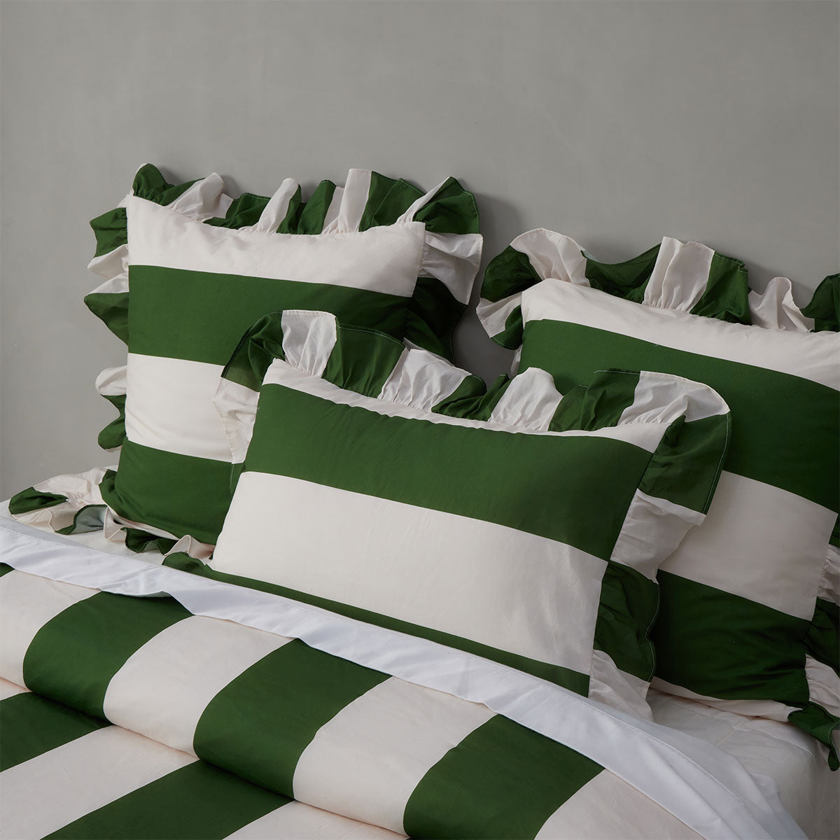 Vintage Design Candy Ruffle Green Striped Quilt Cover Set - King