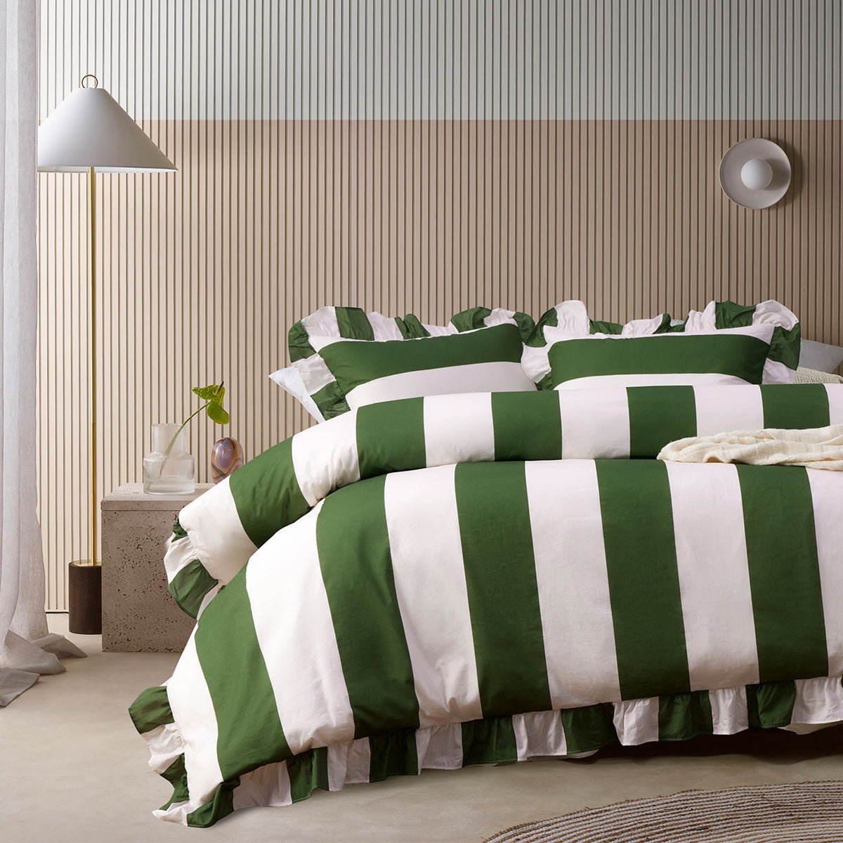 Vintage Design Candy Ruffle Green Striped Quilt Cover Set - Super King