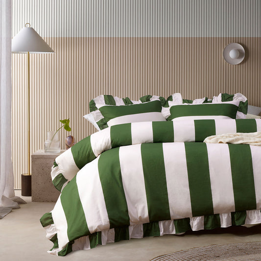 Vintage Design Candy Ruffle Green Striped Quilt Cover Set - Super King