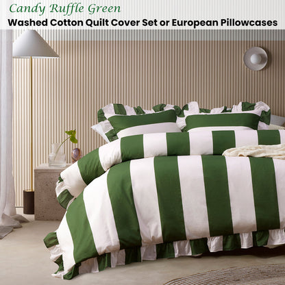 Vintage Design Candy Ruffle Green Striped Quilt Cover Set - Super King