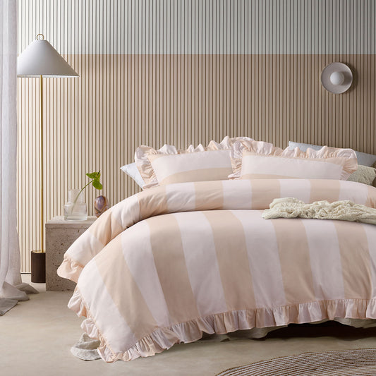 Vintage Design Candy Ruffle Striped Cotton Quilt Cover Set - Queen