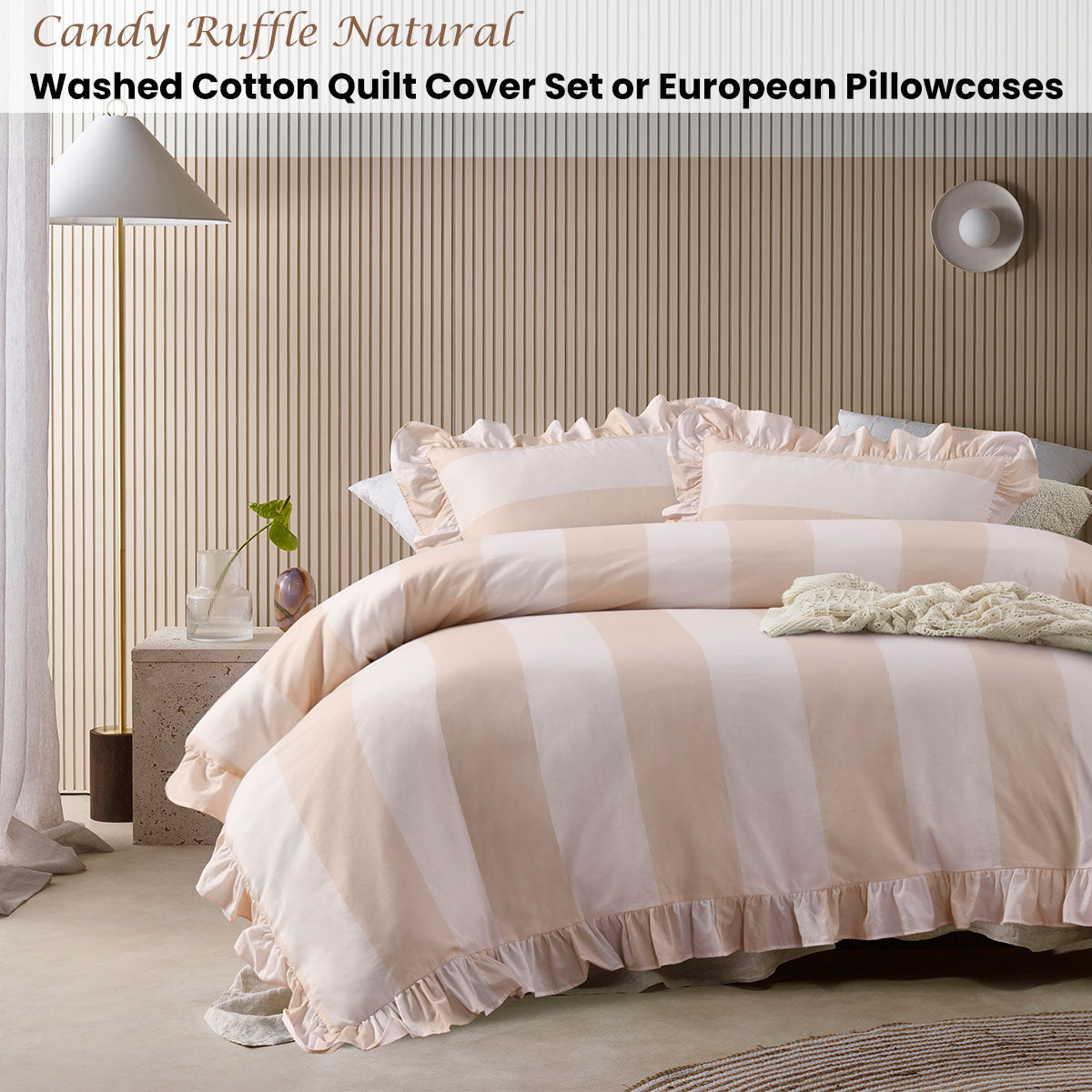 Vintage Design Homewares Candy Ruffle Natural Quilt Cover Set Super King - Cotton