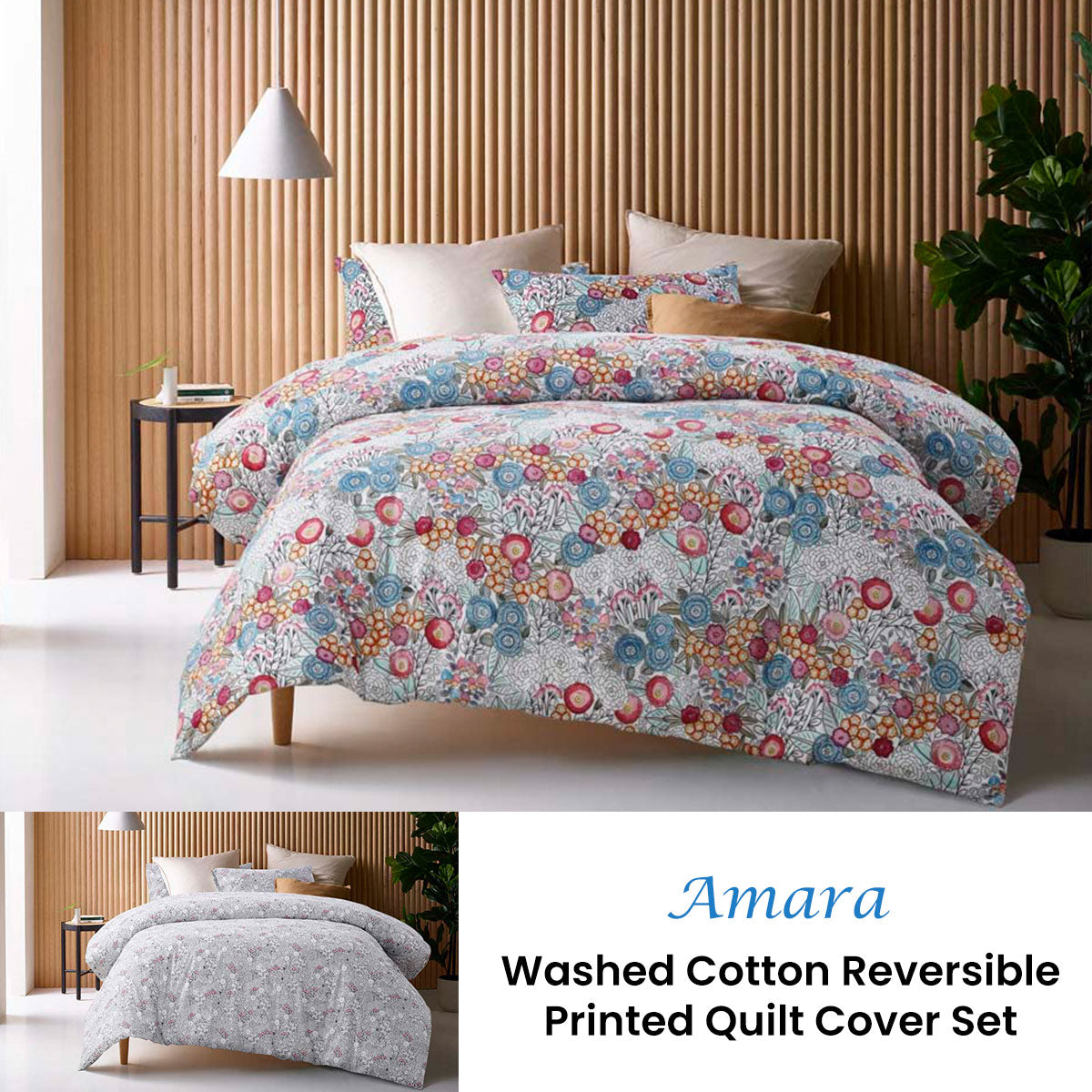 Accessorize Amara Washed Cotton Printed Reversible Quilt Cover Set King - Floral Design, 100% Cotton - SuperSaverAU - view 1