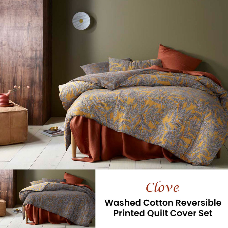 Accessorize Clove Washed Cotton Printed Reversible Quilt Cover Set Queen - Foliage Print, 100% Cotton - SuperSaverAU - view 1