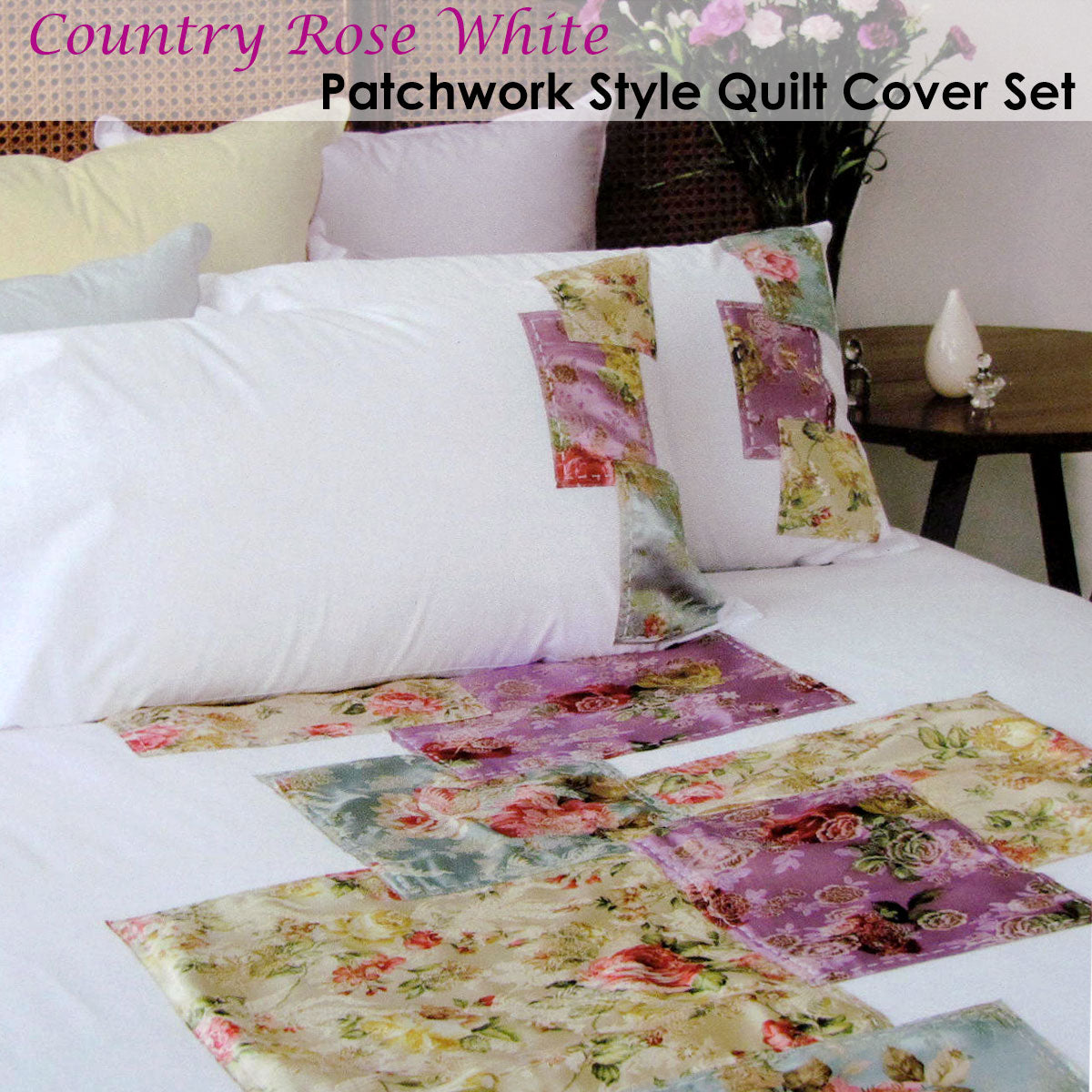 Accessorize Country Rose White Quilt Cover Set - Single, Floral Patchwork Design - SuperSaverAU - view 2