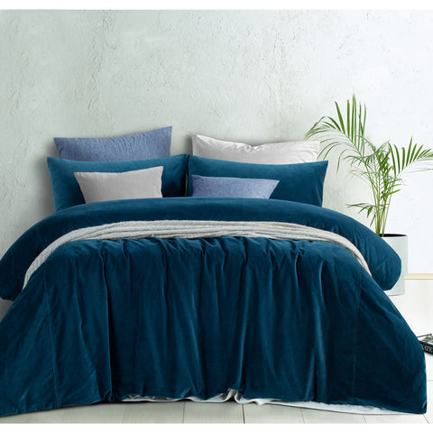 Riverland Blue Cotton Velvet Quilt Cover Set - King Size, Solid Colour Tone - SuperSaverAU - view 1
