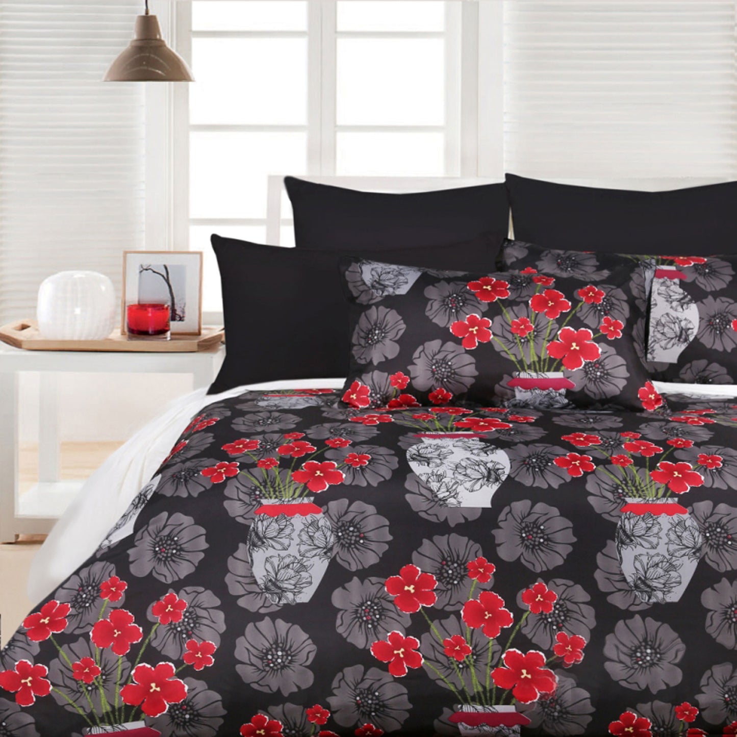 Big Sleep Devine Black Quilt Cover Set - Single, Floral Burgundy & Grey, Soft Feel