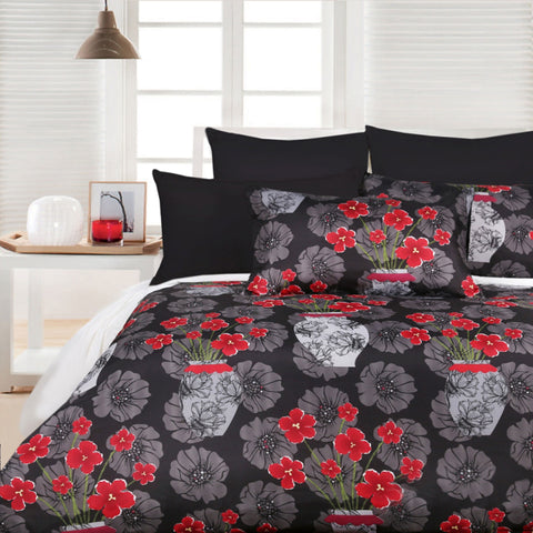 Big Sleep Devine Black Quilt Cover Set - Single, Floral Burgundy & Grey, Soft Feel - SuperSaverAU - view 1