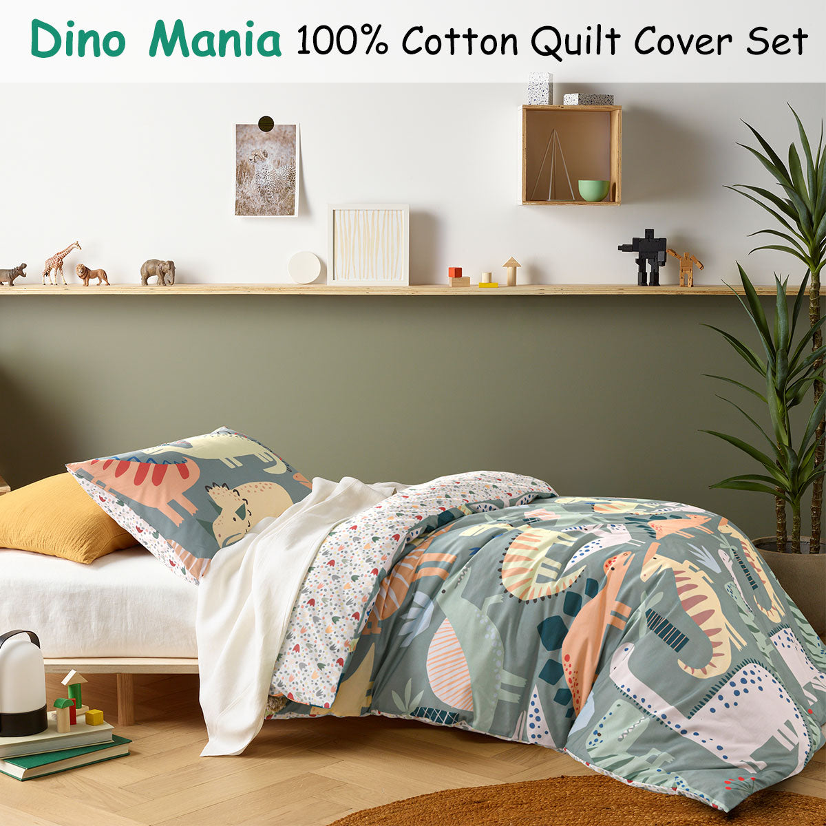 Happy Kids Dino Mania Cotton Quilt Cover Set - Green, Single