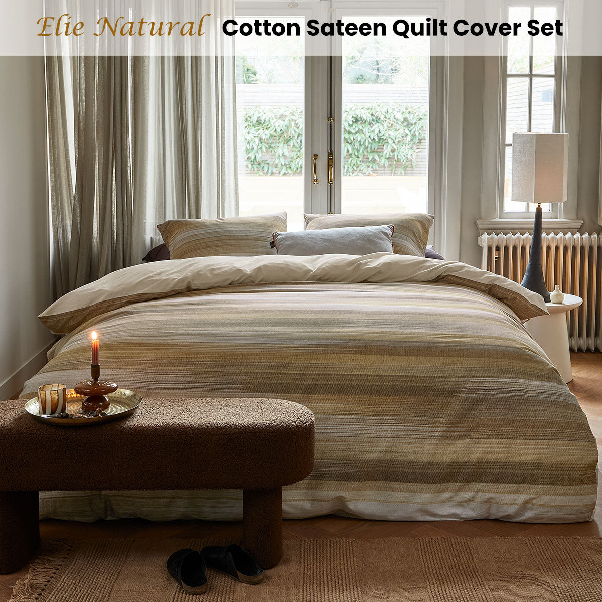 Bedding House Elie King Cotton Sateen Quilt Cover Set - Natural Stripes - SuperSaverAU - view 2