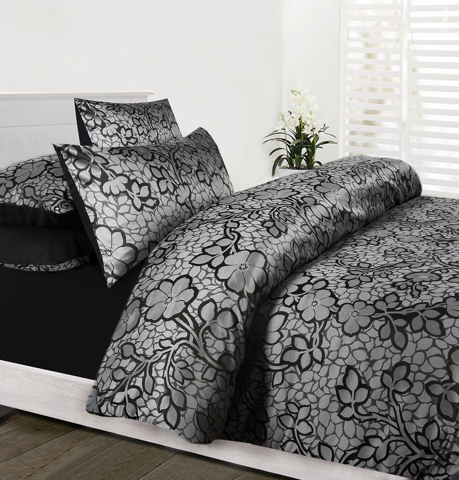 EMMA Quilt Cover Set Black Double - Jacquard Satin Polyester, Soft Feel, Machine Washable - SuperSaverAU - view 1