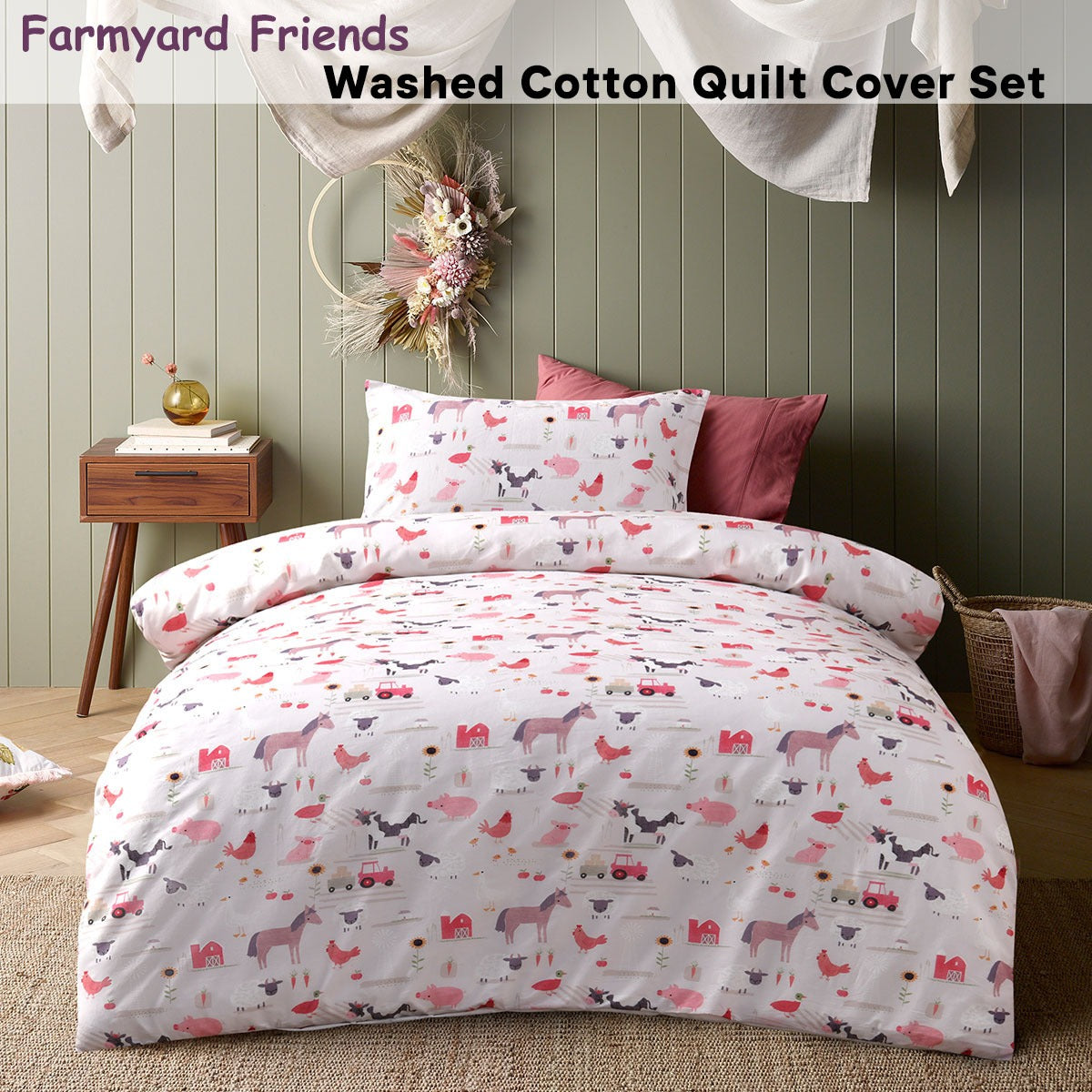 Happy Kids Farmyard Friends Quilt Cover Set Single - Cotton Animal Design - SuperSaverAU - view 2