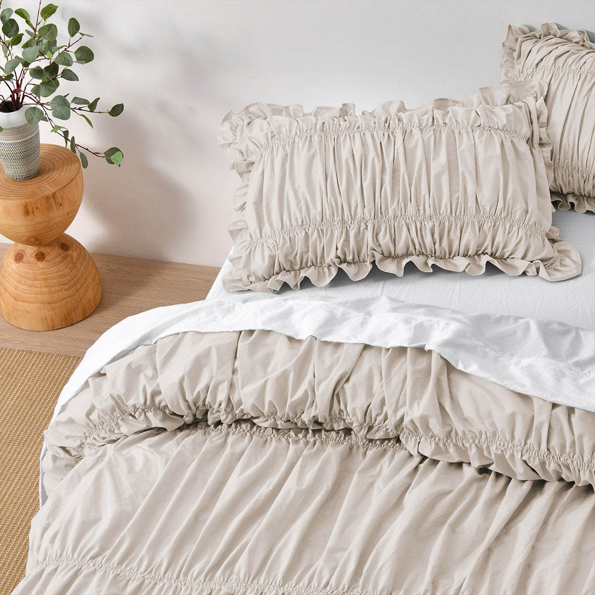 Vintage Design Haven Natural Washed Cotton Ruched Quilt Cover Set Double