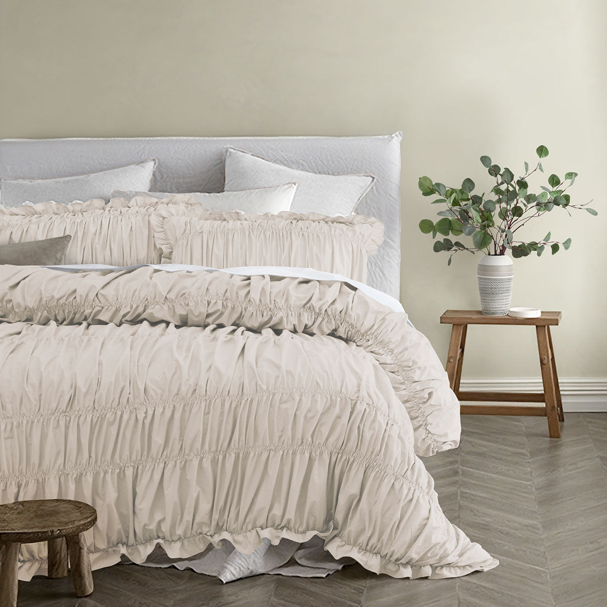 Vintage Design Haven Natural Washed Cotton Ruched Quilt Cover Set Queen