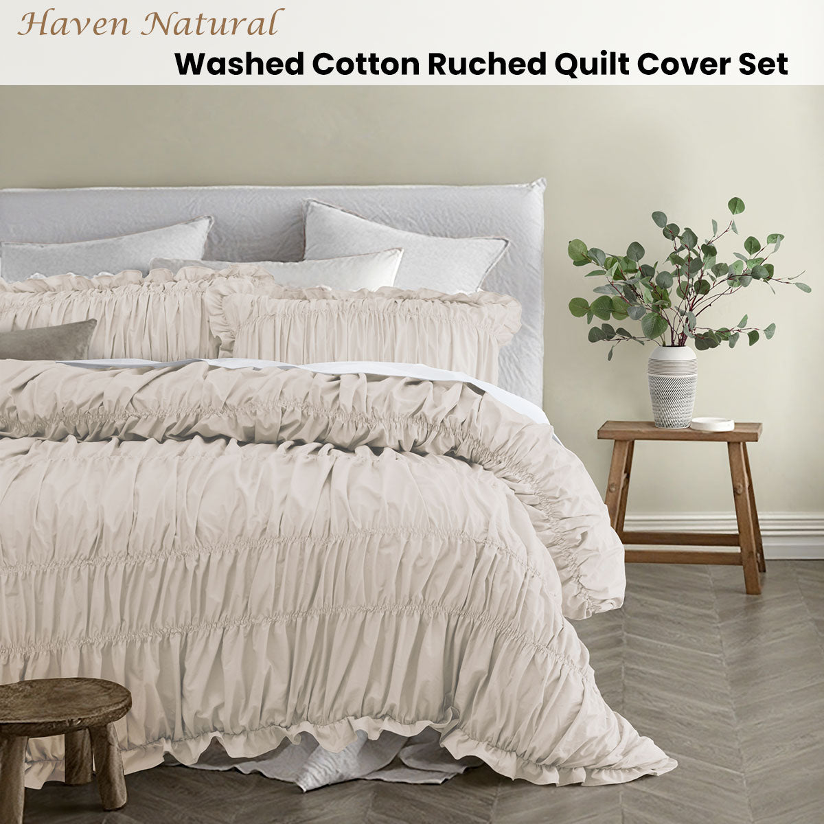 Vintage Design Haven Natural Washed Cotton Ruched Quilt Cover Set Queen - SuperSaverAU - view 2