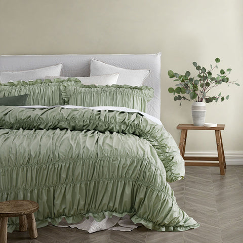 Vintage Design Haven Sage Washed Cotton Ruched Quilt Cover Set Double - SuperSaverAU - view 1
